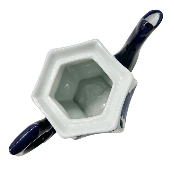 Vintage Inspired Hexagonal Ceramic Teapot With Lid Blue White Floral Design - Picture 3 of 10